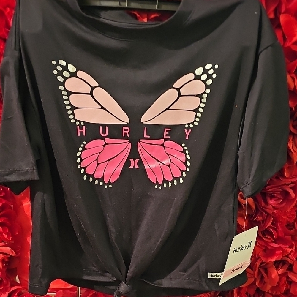Hurley NWT Black T-Shirt Pink Butterfly Design Tie Front Size Small+Hair Tie